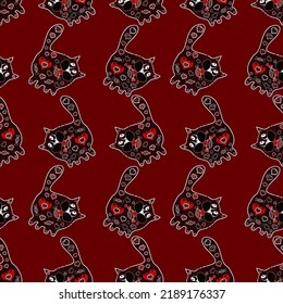 Nahtlose Muster kindisches Muster mit süßen Mädchen Katzen. Kreative Kids handgezeichnete Textur für Stoff, Umhüllung, Textilien, Tapeten, Bekleidung. Bild in angenehmen Farben. Vektorgrafik  