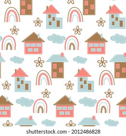 Seamless pattern. Childish pattern with cute rainbows, houses, clouds, flowers. Good for kids fabric, textile Vector illustration.