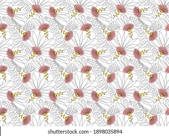 Seamless pattern of childish cute stylized flowers chamomile or chrysanthemum with black hatching in Scandinavian style on white background. Cartoon floristic doodles. For fashion, wallpaper. Vector.