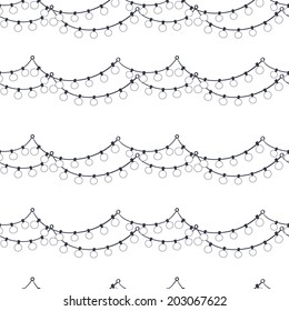 Seamless pattern with childish doodle light bulb garland outline on white background. Hand drawn tiling party background.