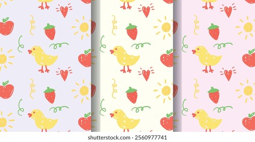 Seamless Pattern with Childish Doodles. Cute Crayon Drawings of Chick Strawberry Sun Heart Apple. Bright Naive Texture with Freehand Lines. Vector Flat Illustration for Background or Print