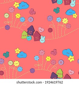 Seamless pattern childish drawing funny buttons on an embroidered meadow with flowers