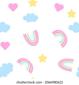 patrón impecable de dibujo infantil de arco iris, nubes de estrellas y corazones sobre un fondo blanco. textura de cielo transparente en colores pastel para los niños