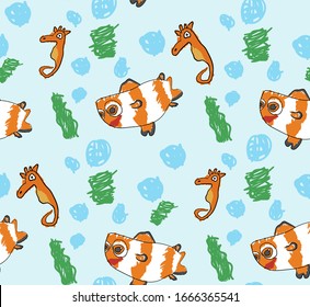 Seamless pattern childish drawing translated into vector. clown fish and seahorse. on a blue background