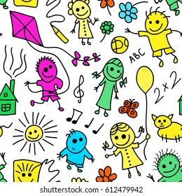 Seamless pattern with childish drawings.