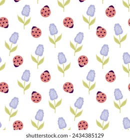Seamless pattern childish elements in pastel colors.Lladybug, lilac,  flowers. For  poster, covers, label, template, pattern, holiday decoration, scrapbooking.