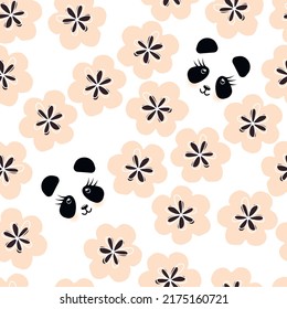 Seamless pattern with childish floral style. flowers and cute panda faces. creative decorative. Great for fabric, textile for kids. Vector illustration isolated on white background