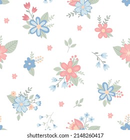Seamless pattern with childish flowers on white background. Cute vector illustration in pastel colors with floral elements, for design, fabric and textiles.