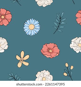 Seamless pattern with childish flowers on green background. Cute vector illustration with floral elements, for design, fabric and textiles.