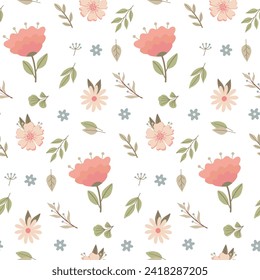 Seamless pattern with childish flowers on white background. Cute vector illustration with floral elements for design, fabric and textiles.