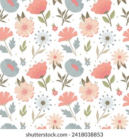 Seamless pattern with childish flowers. Spring and summer floral print for kids design, gift wrapping paper. Pastel colored simple vector background