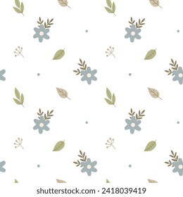 Seamless pattern with childish flowers twigs leaves on white background. Cute simle vector illustration 