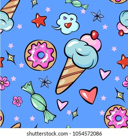 Seamless Pattern Childish Fun Trendy Sweets Heart Star Icecream Candy Flower Sticker