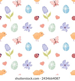Seamless pattern childish happy Easter design elements in pastel colors. Chicken, ladybug, lilac,  flowers, eggs, butterfly and other spring elements. For  poster, covers, label, template