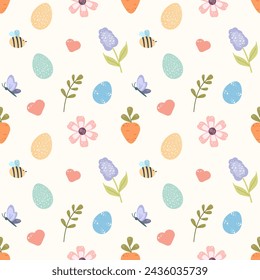 Seamless pattern childish happy Easter design elements in pastel colors. carrot, flowers, egg, lilac, butterfly easter cake other spring elements. For  poster, covers, label, template,  newborn, holid