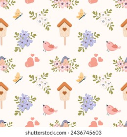 Seamless pattern childish happy Easter design elements in pastel colors. Bird, feeder, housebird, flowers, butterfly other spring, summer elements. For poster, covers, label, template,  newborn,  holi