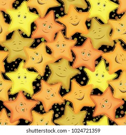 Seamless Pattern for Childish and Holiday Design, Cartoon Stars Smiley with Different Emotions Tile Background. Vector
