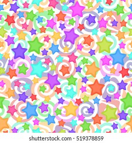 Seamless Pattern for Childish and Holiday Design, Colorful Stars and Spirals on White Background. Vector