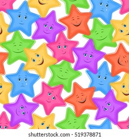 Seamless Pattern for Childish and Holiday Design, Colorful Cartoon Stars Smiley with Different Emotions on White Background. Vector