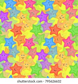 Seamless Pattern for Childish and Holiday Design, Colorful Cartoon Stars Smiley with Different Emotions Tile Background. Vector