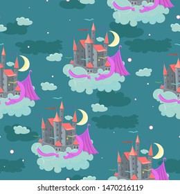 Seamless pattern with childish illustration of a castle with a sleeping dragon. Vector graphics.