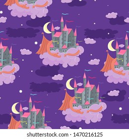 Seamless pattern with childish illustration of a castle with a sleeping dragon. Vector graphics.