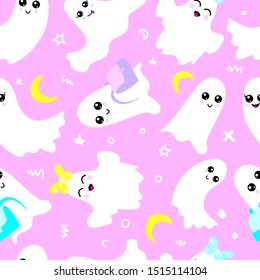 Seamless pattern with childish image of halloween holiday symbols in kawaii style. They can be used for children's theme events, cards, banners, printed on textiles, paper.