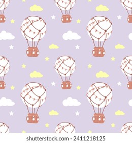 Seamless pattern with childish motifs. A flying balloon on a background of white and yellow clouds and stars. Children's clothes, wallpaper, bed linen