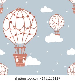 Seamless pattern with childish motifs. A flying balloon on a background of clouds and stars. Children's clothes, wallpaper, bed linen