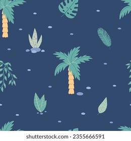 Seamless pattern with childish palm trees and tropical plants on a dark blue background. Vector illustration for baby textiles.