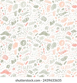 Seamless pattern with childish pastel colored scribbles and doodle lines, rough dots. Organic multi neutral colored texture with crayon, charcoal strokes. Fun childish pencil doodle seamless pattern.