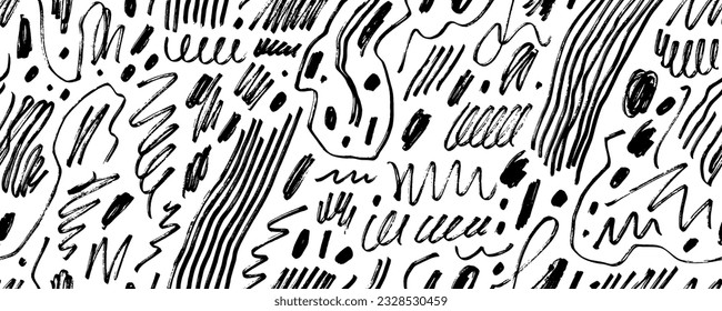 Seamless pattern with childish pen scribbles, charcoal squiggles. Creative abstract squiggle style drawing background. Childish rough crayon strokes. Hand drawn marker scribbles seamless pattern.