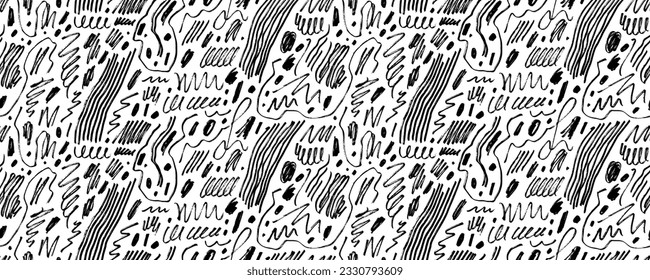 Seamless pattern with childish pen scribbles, charcoal squiggles. Creative abstract squiggle style drawing background. Childish rough crayon strokes. Hand drawn marker scribbles seamless pattern.