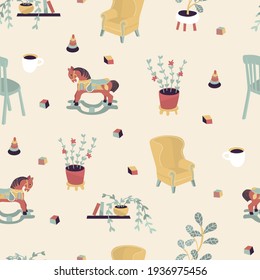 Seamless Pattern for childish textile, room interior. Vector illustration. Poster, print, card design. Wood horse, toys, cheer, armchair, plants, books, cup, tea, coffee, cube, pyramid.