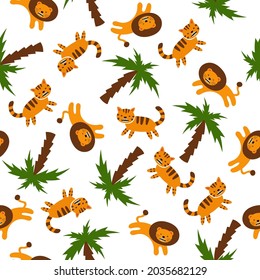Seamless pattern for a childish theme. Image of tiger cubs, lion cubs and palms in cartoon style. Vector illustration.