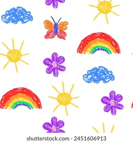 Seamless pattern with childlike crayon rainbow and sun