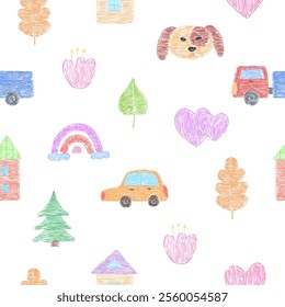 Seamless pattern of childlike drawing with car, house and flower
