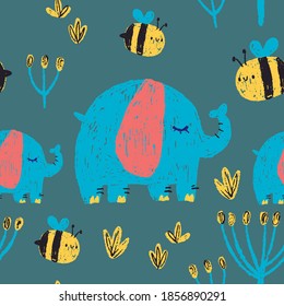 Seamless pattern for children, animal background, elephants and bees