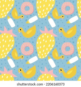 Seamless pattern for children. Background for decoration of fabric pattern. Strawberry, duck, milk bottle and donut vector.
