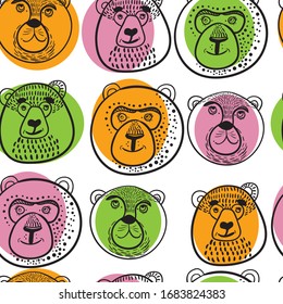 Seamless pattern children with bears in the forest.Cute bears for children.Vector kids illustration, natural backdrop in children style.