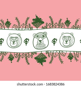 Niñas con osos en el bosque sin problemas.Los osos cutáneos para niños.Ilustración infantil vectorial, fondo natural en el estilo infantil.