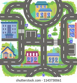 Seamless Pattern. Children Board Game City Road. Wallpaper Or Carpet For Childrens Room. Kids Background With Map Of City. Background For Game With Cars. Maze With Road Signs. Vector Illustration.