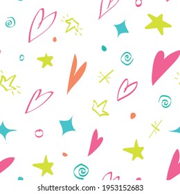Seamless pattern for children. Bright print consisting of hearts, royal crown, stars. Vector drawing.