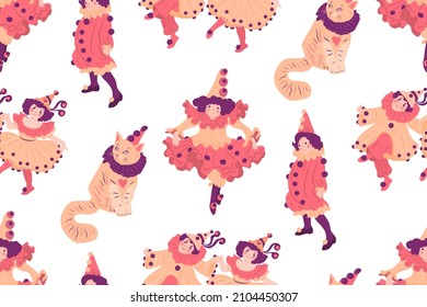 Seamless pattern with children in carnival costumes and funny cat in cap. Vector illustration.