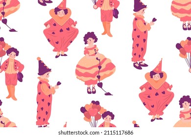 Seamless pattern with children in carnival costumes. Vintage pattern.Little cute clowns. St. Valentine. 