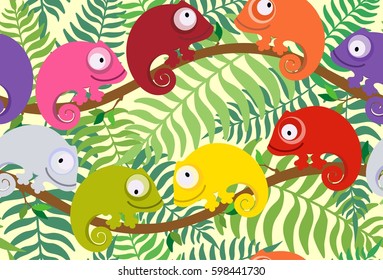 Seamless pattern for children with colored chameleon. Vector illustration.
Set of cute, colorful chameleon on a background of leaves of a plant.