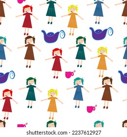 Seamless pattern for children with cute girls and teacups; dancing doodle design girls vector