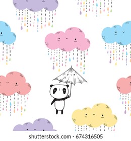 Seamless pattern for children.  Cute panda with umbrella and funny clouds for textile, wallpapers, gift wrap and scrapbook. Vector illustration.