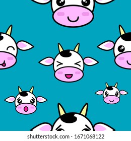 Seamless pattern for children with cute vector cows expressing different emotions.