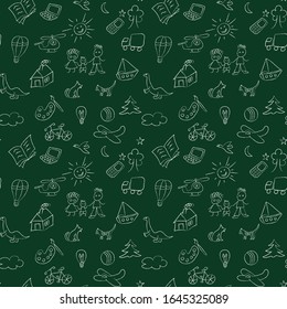 Seamless pattern with children drawings, chalk or charcoal sketches. Swatch is included in vector file.